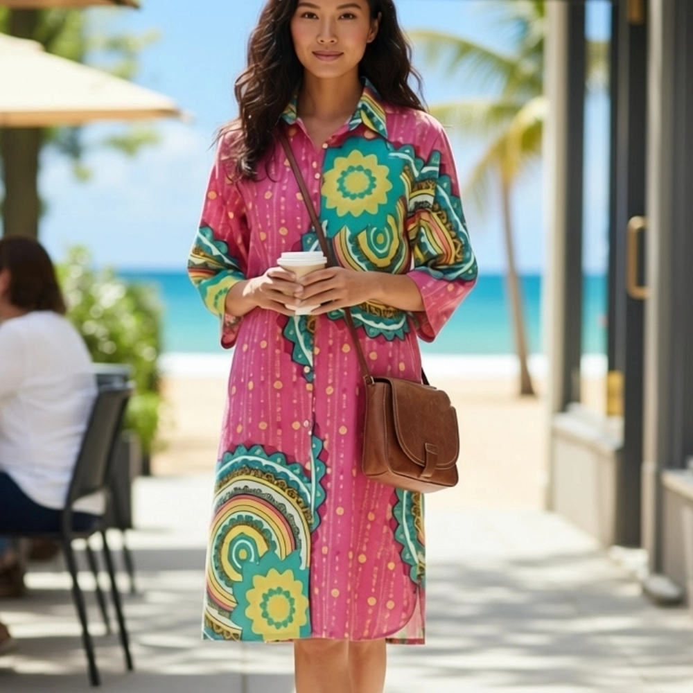 Light and Breezy Geometric Floral Beach Dress Sunny and Fun L XL New